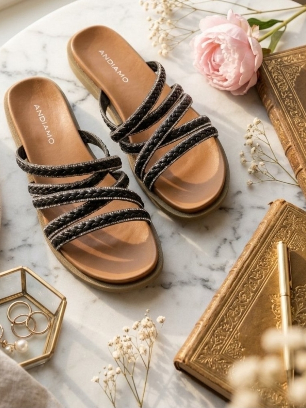 Andiamo Black Strappy Sandals With Glittery Rinestone Accents. Like New. Size 7